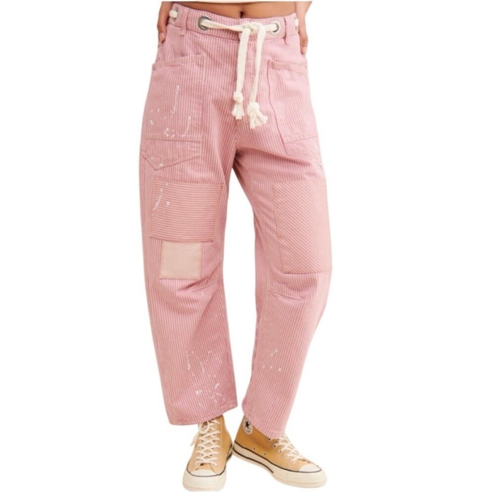 NWOT Free People Moxie Railroad Stripe Low Slung Barrel Jeans- 28 SOLD OUT COLOR